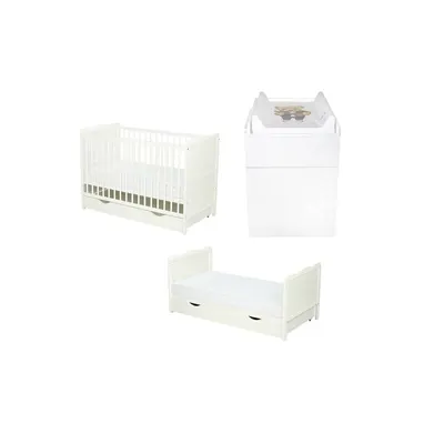 Set mobilier pentru copii, Qmini: Patut multifunctional din lemn de pin, cu sertar si somiera reglabila in 3 trepte, Julia, cu protectie dentitie, 120x60 cm + Saltea cocos-burete 12 cm + Comoda Qmini cu masa infasat, Alb