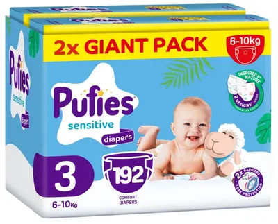 Scutece pentru bebeluși Pufies Sensitive - Midi, mărimea 3, 6-10 kg, 192 buc, Giant Pack