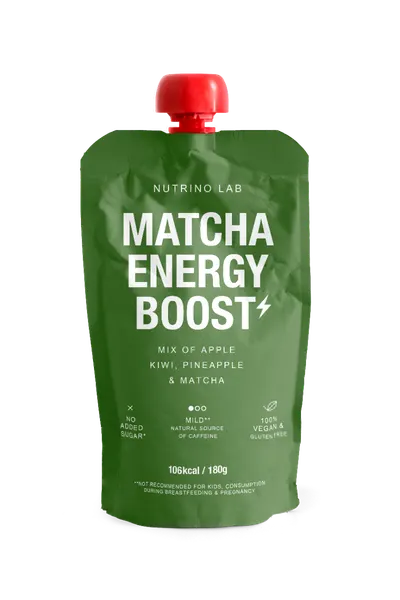 Piure pasteurizat din fructe cu mere kiwi ananas si pudra de matcha, 180g, Nutrino Lab