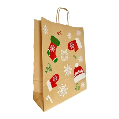 Punga din Hartie cu Manere, Natur, Model Craciun, 32 x 12 x 41 cm, 100 Bucati