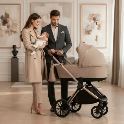 Carucior 2 in 1 Adamex Bianco Deluxe Collection cu suspensii, maner reglabil, certificat EN18882022 pana la 22 kg, Champagne Latte