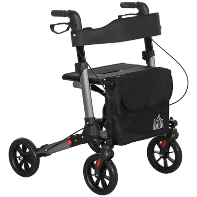 HOMCOM Cadru de Mers Pliabil cu 4 Roți, Scaun, Spătar și Înălțime Reglabilă, din Aluminiu, 63x67x80-93 cm, Negru | Aosom Romania