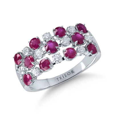 Inel geometric din aur alb cu rubine de 1.4ct si diamante de 0.3ct