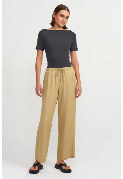 Pantaloni dama - picior larg - verde kaki - Tencel