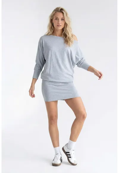 Rochie casual din bumbac - cu decolteu barca - maneci 3/4 - croiala lejera - midi - fara inchidere - M1345 - Gri