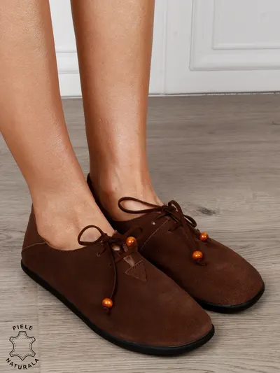 Pantofi Casual Damă din Piele Naturală Întoarsă cu Șiret și Design Minimalist CRL1274 CAFENIU