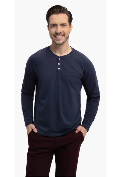 Tricou cu maneca lunga barbati L-Charl - cu decolteu cu nasturi - regular fit - bleumarin - Bleumarin melange/Bleumarin