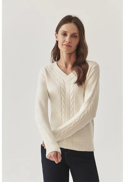 Pulover cu decolteu in V si model torsade Wira - Crem