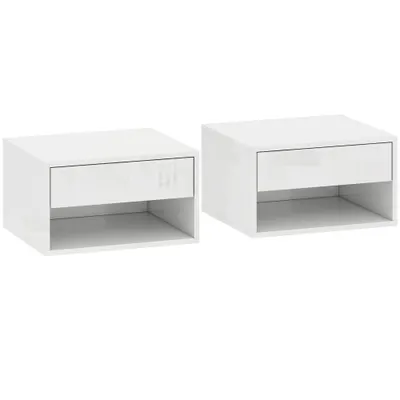 HOMCOM Set de 2 noptiere murale, noptiere, sertar, compartiment deschis, blat, 37 x 32 x 21 cm, alb | Aosom Romania