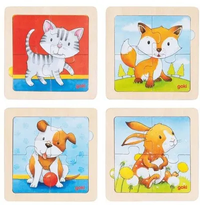Puzzle din lemn Goki - Animăluțe bebeluși, 4 piese, sortiment