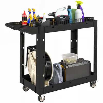 HOMCOM Cărucior de atelier servetă atelier cu 2 nivele cu mâner lateral pentru garaj, depozit, unelte de bricolaj, negru | Aosom Romania