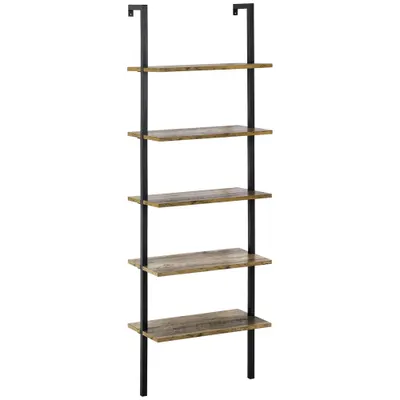 Biblioteca cu scari in stil industrial, cu 5 niveluri, montare pe perete din lemn si metal, 60x30x184,5cm maro HOMCOM | Aosom Romania