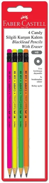 Set de creioane negre Faber-Castell - Candy, HB, cu gumă de șters, fluorescent, 4 bucăți