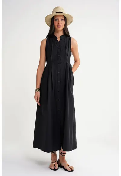 Rochie maxi - HiCCUP - guler tippet - nasturi - negru - textil