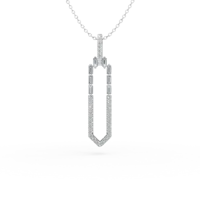 Lant cu pandantiv geometric din aur alb cu diamante baguette si rotunde de 0.52ct