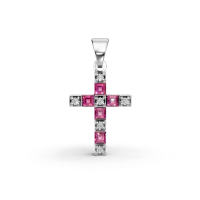 Pandantiv cruce din aur alb cu rubine rectangulare de 0.26ct si diamante de 0.04ct
