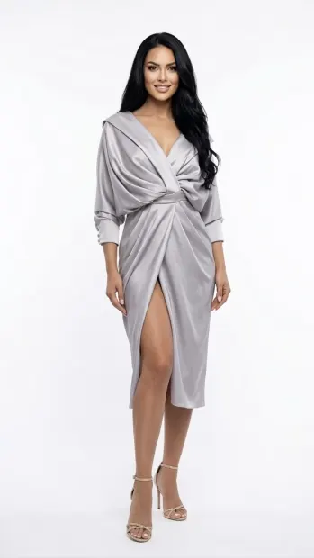 Rochie eleganta din tafta gri cu slit pe picior si talie marcata