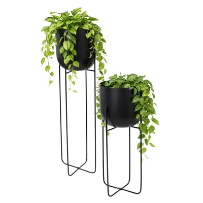 Set două ghivece decorative pentru plante și flori, din metal negru, cu picioare înalte și subțiri