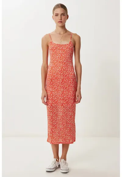 Rochie Midi Florala Fara Maneci Happiness Istanbul - Portocalie - Poliester-Elastan