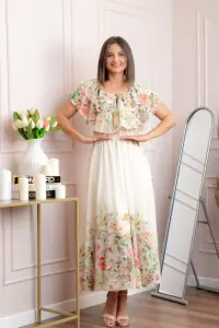 Rochie eleganta lunga Ayana cu imprimeri florale si volane ample - Ivoire