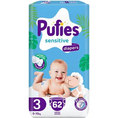 Scutece Pufies Sensitive Maxi, Marimea 3 Midi, 6-10 kg, 62 Bucati