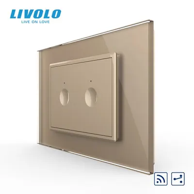 Intrerupator dublu tactil, control telecomanda RF, cap scara / cap cruce, standard italian, cu rama sticla, 3M Auriu