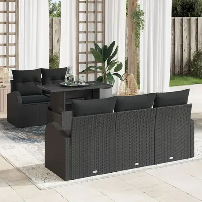 Set canapea gradina Gossi cu 6 piese perne negru ratan poli, canapea gradina Gossi 2 persoane cu spatiu depozitare si perne negru ratan poli