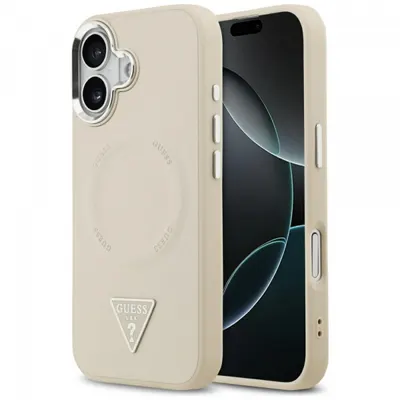 Husa MagSafe pentru Apple iPhone 17, Guess, Triangle Logo, Bej Argintie