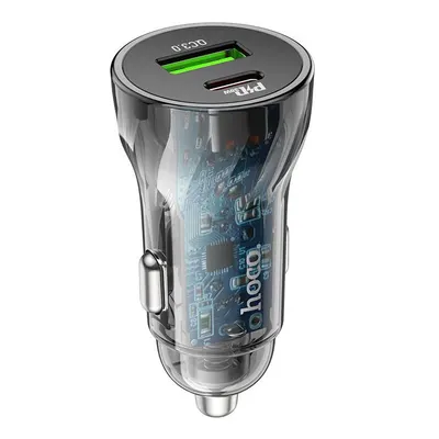 Incarcator Auto, Duo Charge, Hoco Z47A Transparent Discovery Edition, PD 30W, USB si Type-C, Negru Engros