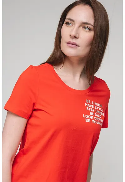 Tricou de bumbac organic cu imprimeu pe piept - Alb/Rosu vermillion