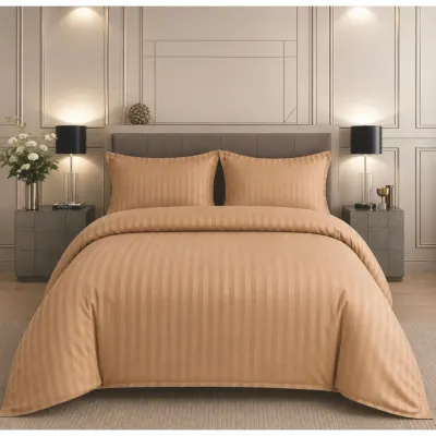 Lenjerie pat dublu, Damasc Finetat Deluxe cu Elastic, 4 piese, Capuccino