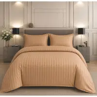 Lenjerie pat dublu, Damasc Finetat Deluxe cu Elastic, 4 piese, Capuccino