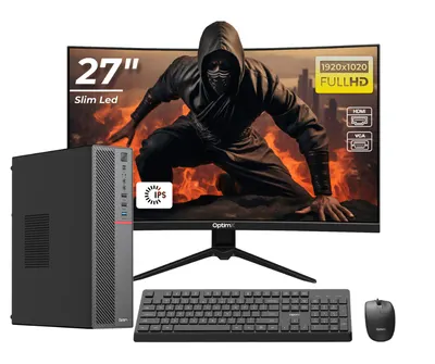 Sistem Desktop Office OptimX T5 SFF cu procesor Intel Core i3-9100, 16GB DDR4, 512GB SSD, Win11 Pro și Monitor Curbat 27" FHD, IPS, LED + kit tastatura si mouse Pro KM500 cu fir