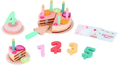 Set de joc din lemn Lelin - Tort de ziua de naștere, cu accesorii