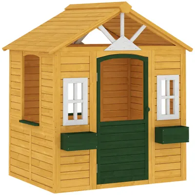 AIYAPLAY Căsuță de joacă din lemn pentru exterior cu ușă 3 ferestre 2 jardiniere pentru copii 3-8 ani 134,5 x 97 x 150 cm Maro | Aosom Romania