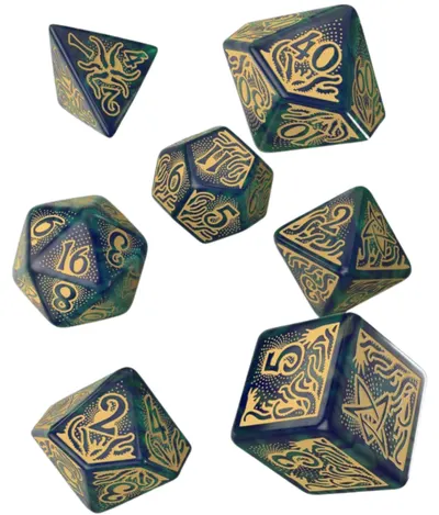 Set zaruri Q-Workshop – Call of Cthulhu 7th Edition: Blue-Green & Gold Dice Set (7 bucăți)