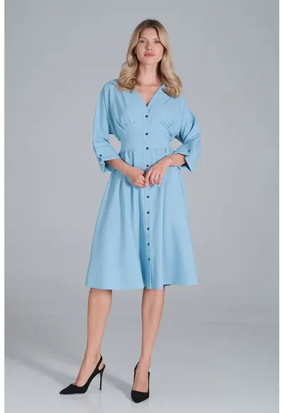 Rochie midi albastra - cu maneci 3/4 - cu nasturi - din poliester