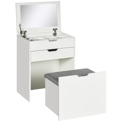 HOMCOM Masa de toaleta pentru dormitor cu oglinda si scaun asortat, masa de machiaj cu compartiment ascuns si sertar din lemn, alb | Aosom Romania