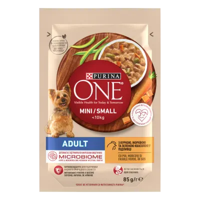 PURINA ONE MINI Adult, pui, morcovi si fasole verde, in sos, 85 g