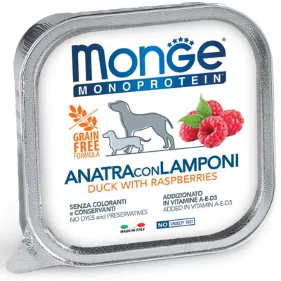 MONGE Monoprotein, XS-XL, Rață și Zmeură, tăviță hrană umedă monoproteică fără cereale câini, (pate), 150g
