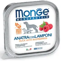 MONGE Monoprotein, XS-XL, Rață și Zmeură, tăviță hrană umedă monoproteică fără cereale câini, (pate), 150g