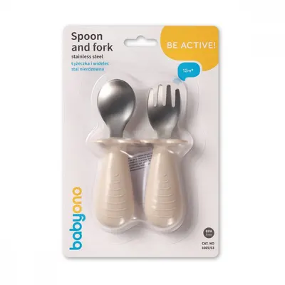 Set tacamuri pentru copii, lingurita si furculita din inox Babyono Bej