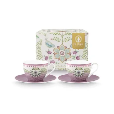 Set 2 căni Cappuccino, din porțelan, Pip Studio, Cup & Saucer Lilac, 280 ml, colecția Lily & Lotus