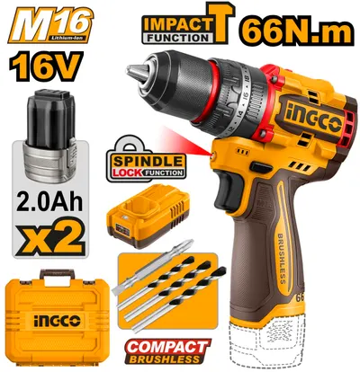 Bormasina cu Impact 16V 66Nm Brushless 2 Viteze 0-500/0-2000 rpm Mandrina Metalica 13mm 30000 bpm 22+1+1 Trepte Cuplu CIDLI166062 cu 2 Acumulatori 2Ah si Incarcator