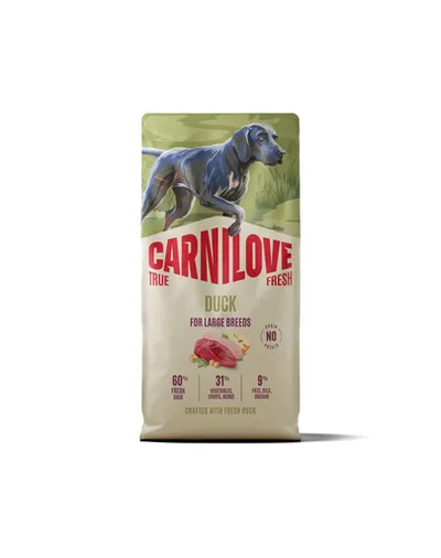 Hrană câini juniori CARNILOVE True Fresh Dog Duck Junior Large 12 kg cu rață