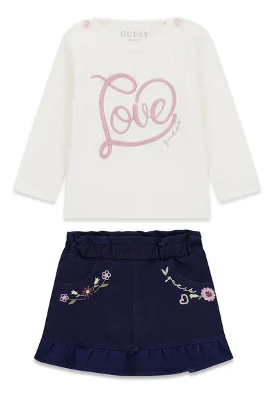 Set de bluza cu broderie text si fusta-pantalon - 2 Piese - Lila/Alb murdar/Bleumarin