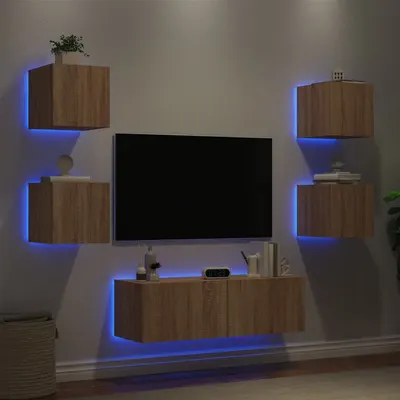 vidaXL Comode TV de perete cu lumini LED, 5 piese, stejar sonoma