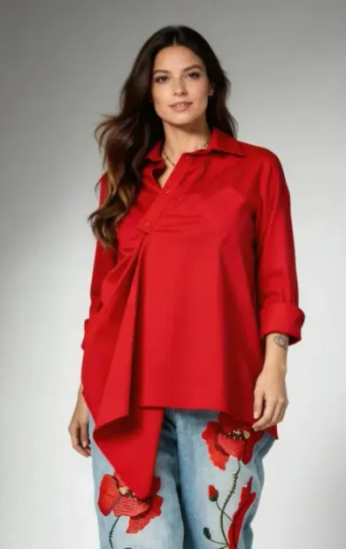 Camasa dama rosie asimetrica cu drapaj elegant si croi lejer premium