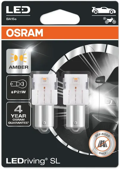 Becuri auto LED Osram - LEDriving, SL, Amber, P21W, 1.3W, 2 bucăți, galbene