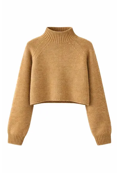 Pulover scurt - tricotat texturat - maneci lungi - Tan Natural - acrilic/poliester